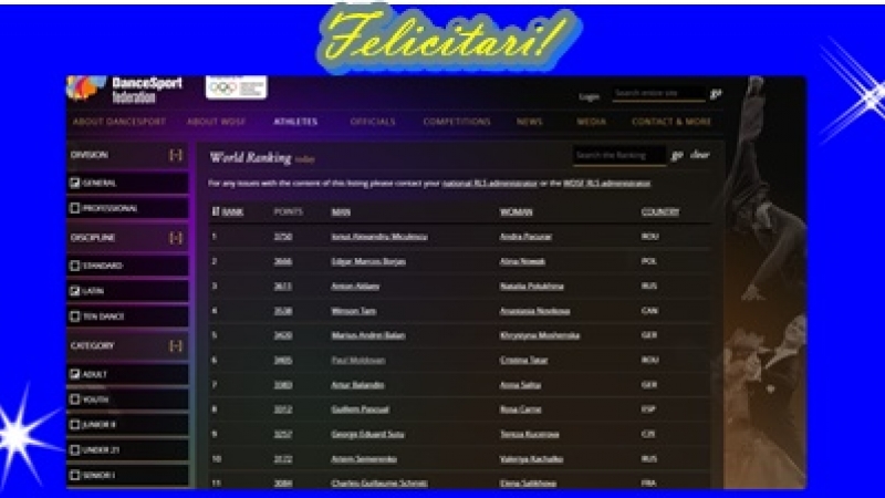 Super- PREMIERA: Romania pe primul loc la Adult Latin in clasamentul mondial WDSF la zi! 